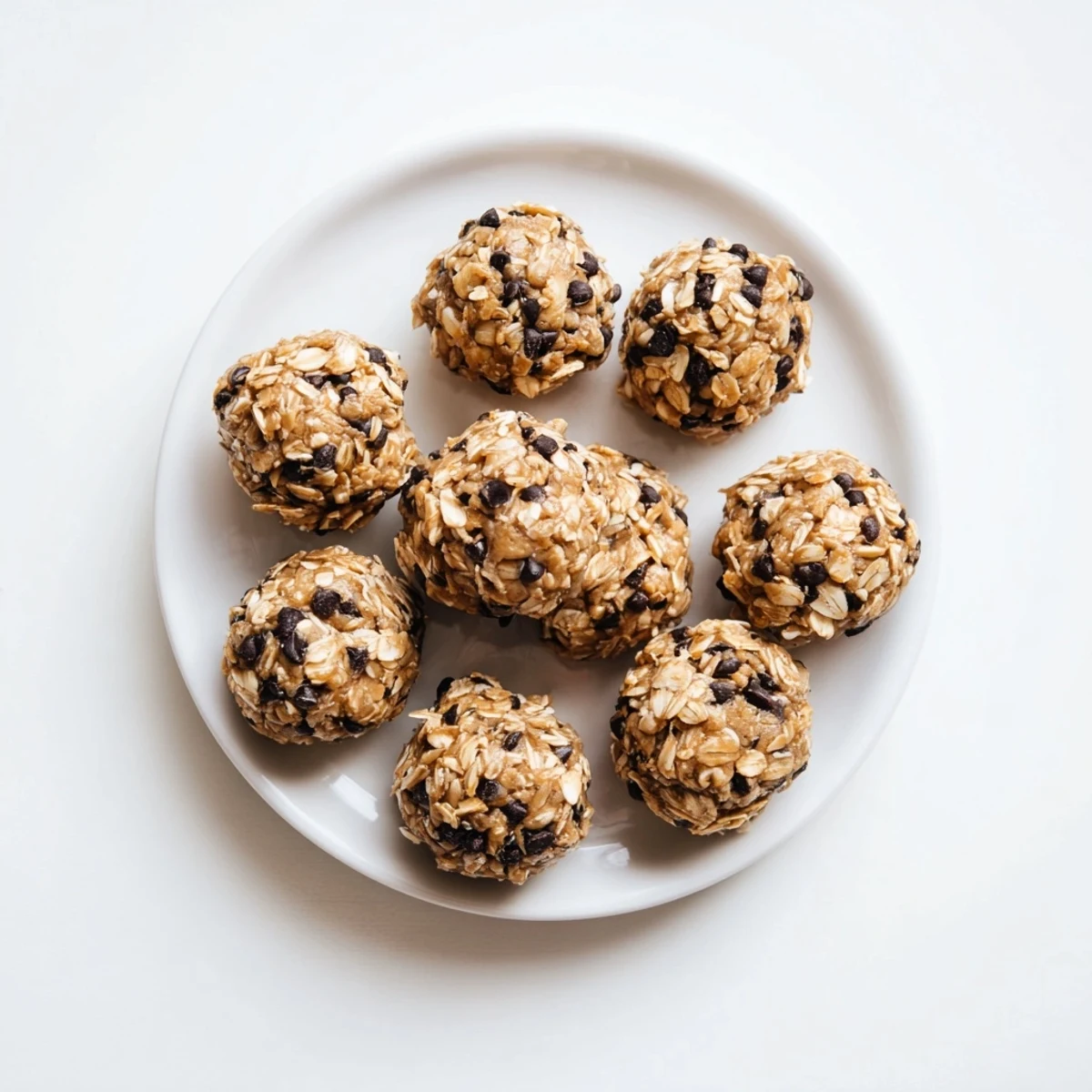 Golden peanut butter energy balls studded with dark chocolate chips on a white plate
