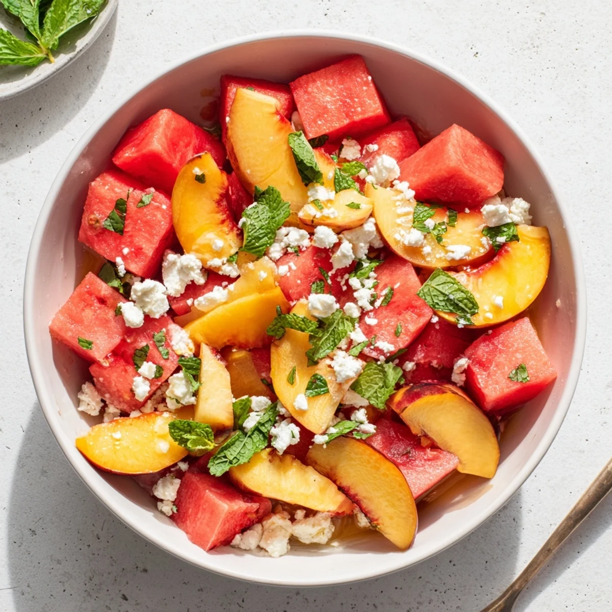Summer peach watermelon salad arranged on white plate with crumbled feta and fresh mint garnish