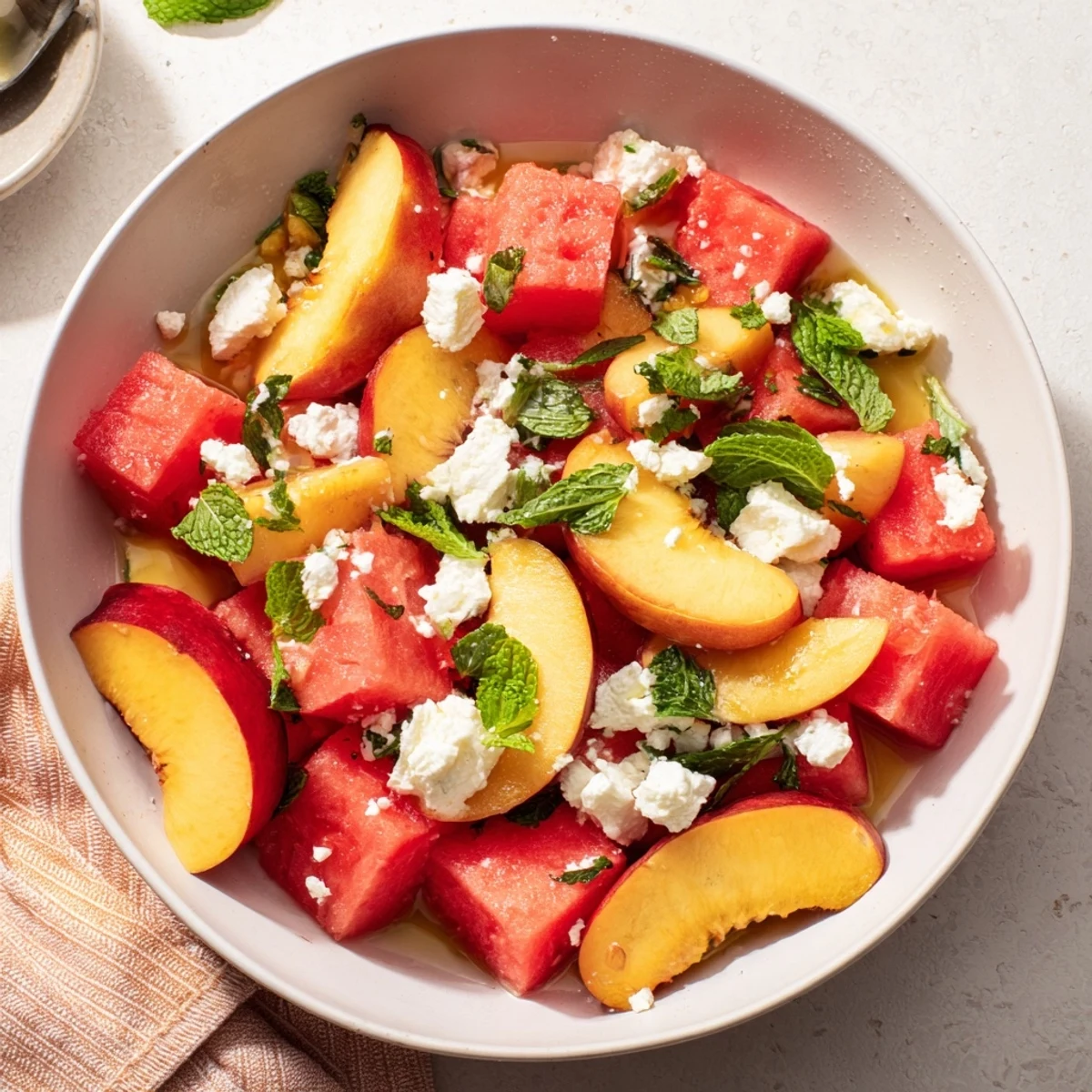 Fresh peach watermelon salad bowl with mint leaves and citrus dressing drizzled over vibrant fruit chunks