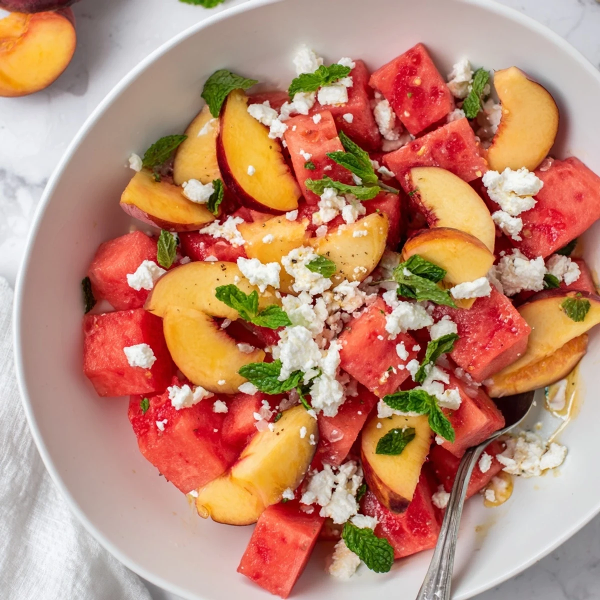 Colorful peach watermelon salad in glass serving bowl featuring juicy ripe fruit slices and light lime dressing