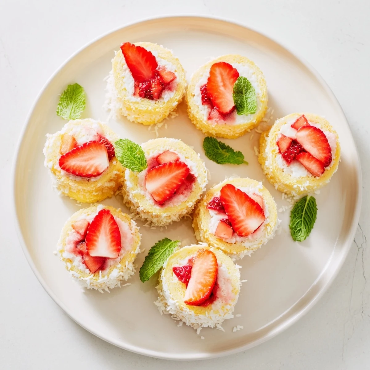Whimsical strawberry shortcake sushi rolls featuring fresh strawberries and whipped cream on white background