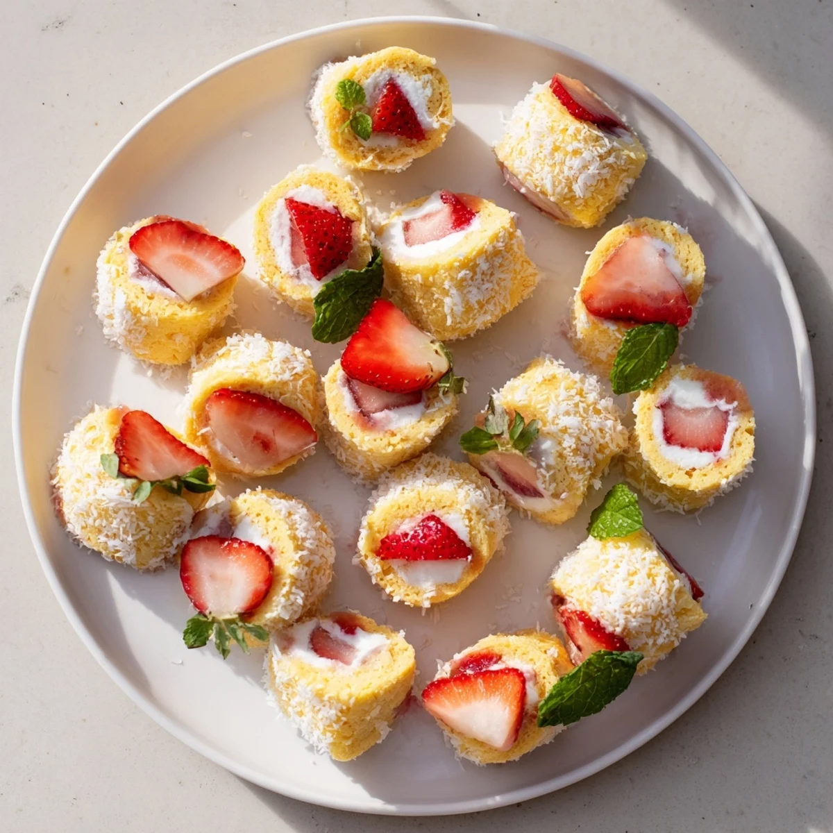 Homemade strawberry shortcake sushi rolls sliced to reveal sponge cake and strawberry cream filling