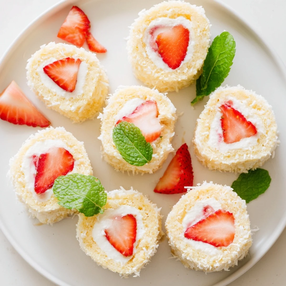 Close-up of bite-sized strawberry shortcake sushi rolls with coconut garnish and mint leaves