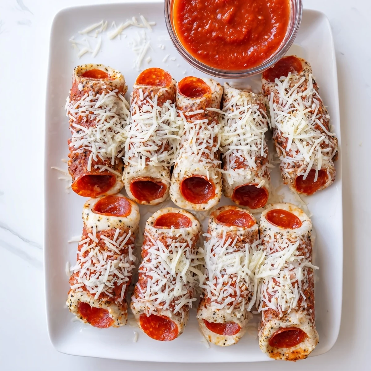 Savory low-carb appetizer featuring seasoned ground beef wrapped around pepperoni slices and gooey cheese