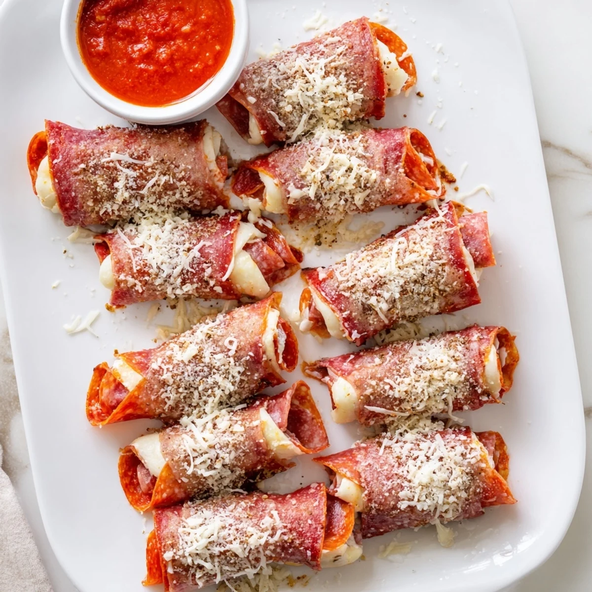 Baked beef and pepperoni roll ups topped with parmesan, served on a white baking sheet