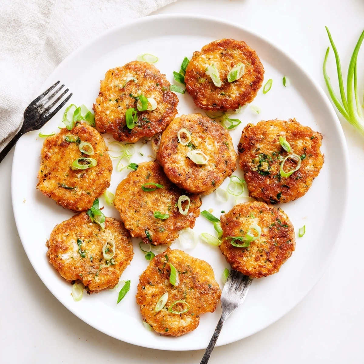 Homemade keto cheesy chicken fritters pan-fried to perfection alongside a simple green salad