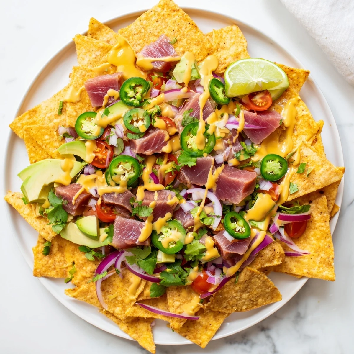 Golden tuna nachos deluxe piled with seared fish, fresh avocado, zesty lime crema, and colorful toppings