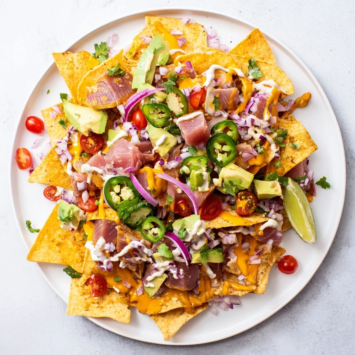 Tuna nachos deluxe arranged on platter with red onion, cilantro, and creamy zesty dressing