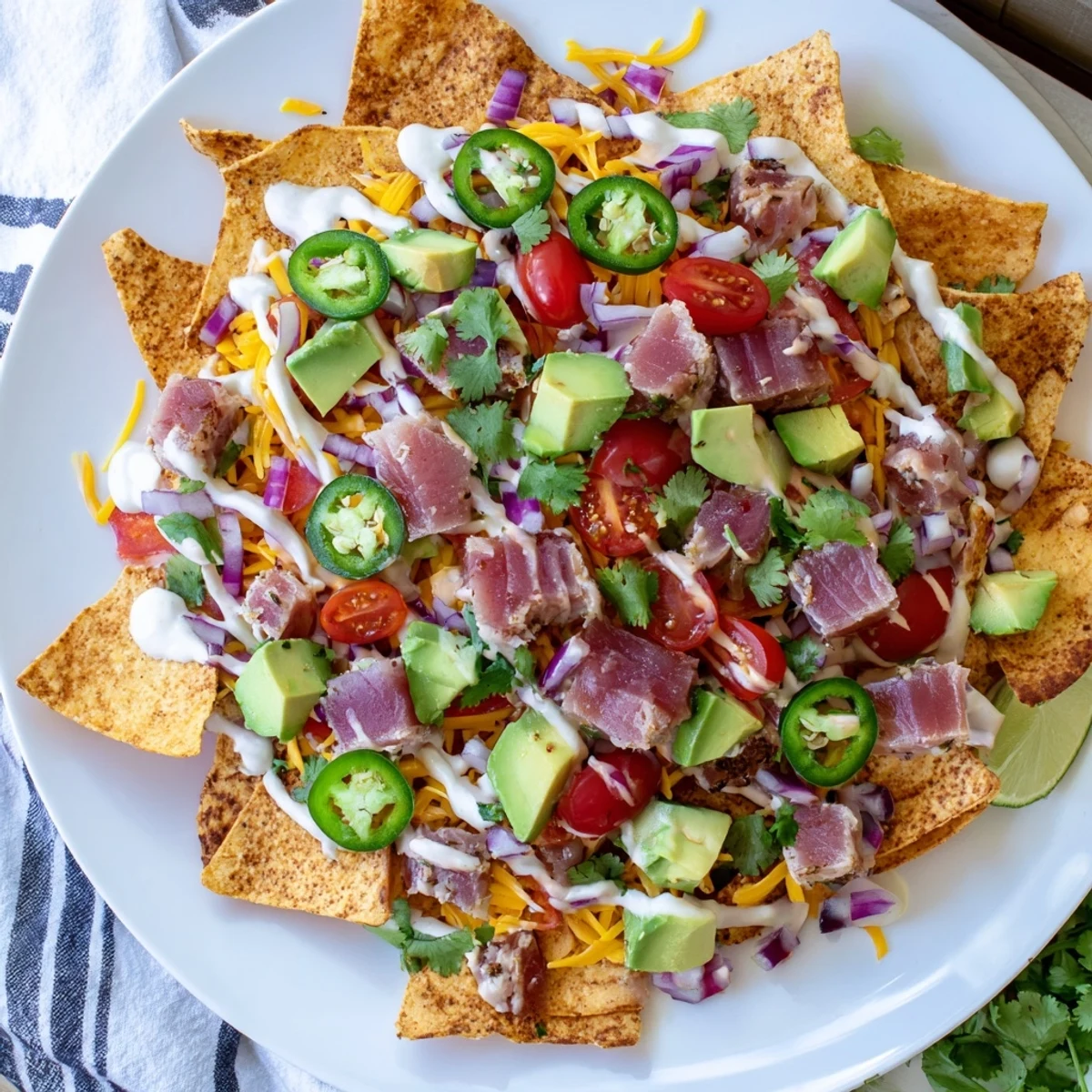 Crispy tortilla chips topped with marinated tuna, melted cheese, tomatoes, and drizzled jalapeño-lime crema
