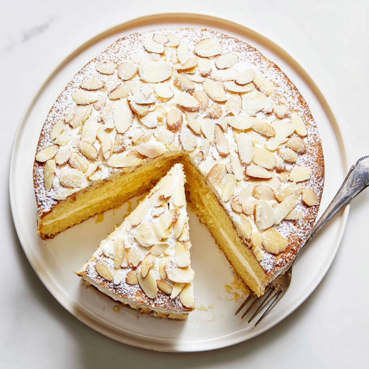 Golden almond cream cake slice showing fluffy layers with rich almond filling and toasted nut topping on white plate