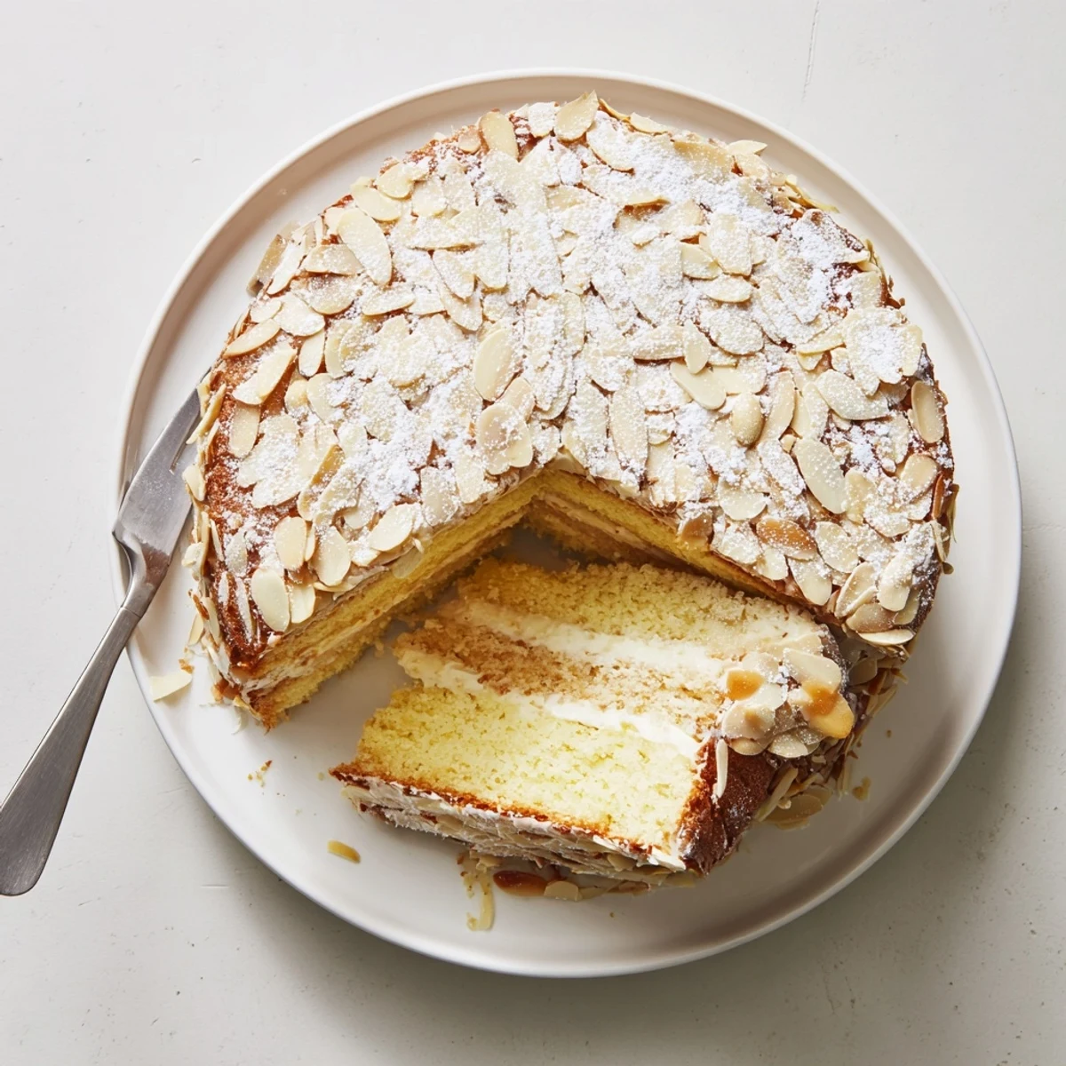 Elegant European-style almond cream cake dusted with powdered sugar and garnished with crunchy toasted sliced almonds