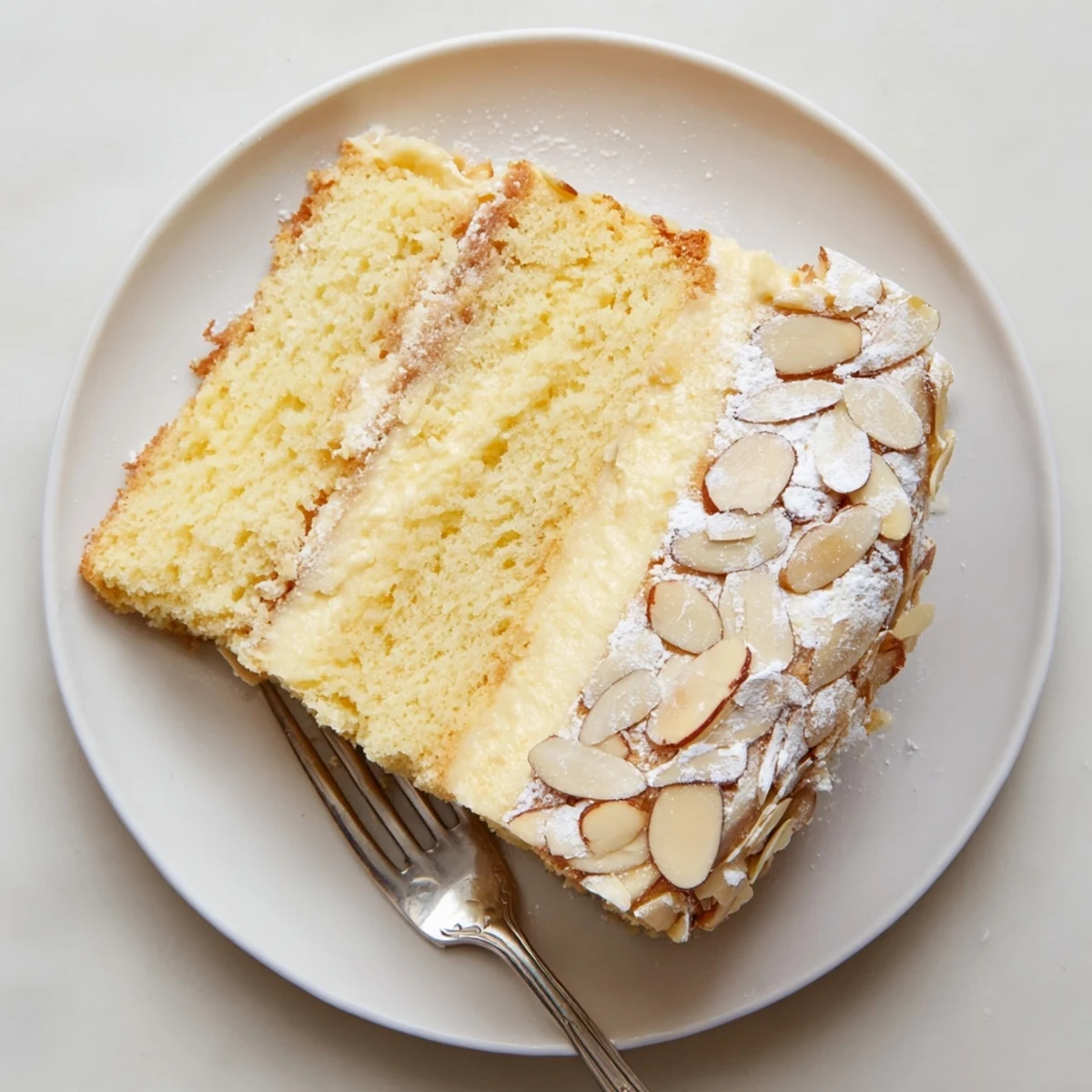 Homemade almond cream cake with moist vanilla layers sandwiching silky almond cream frosting and golden brown almonds