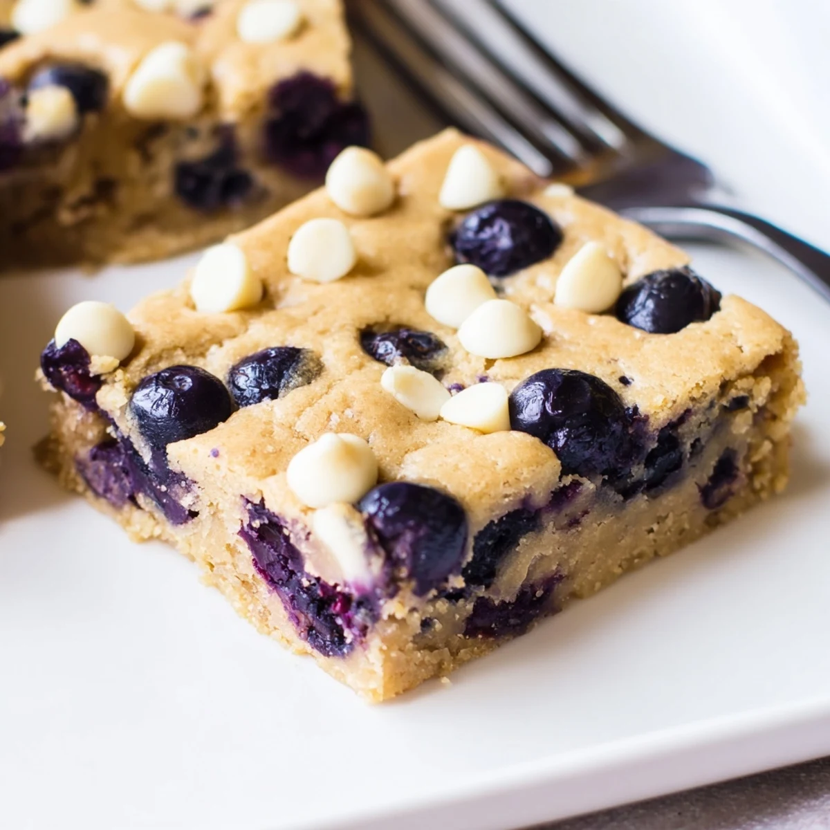 Soft chewy blueberry blondies with golden edges and plump fruit throughout