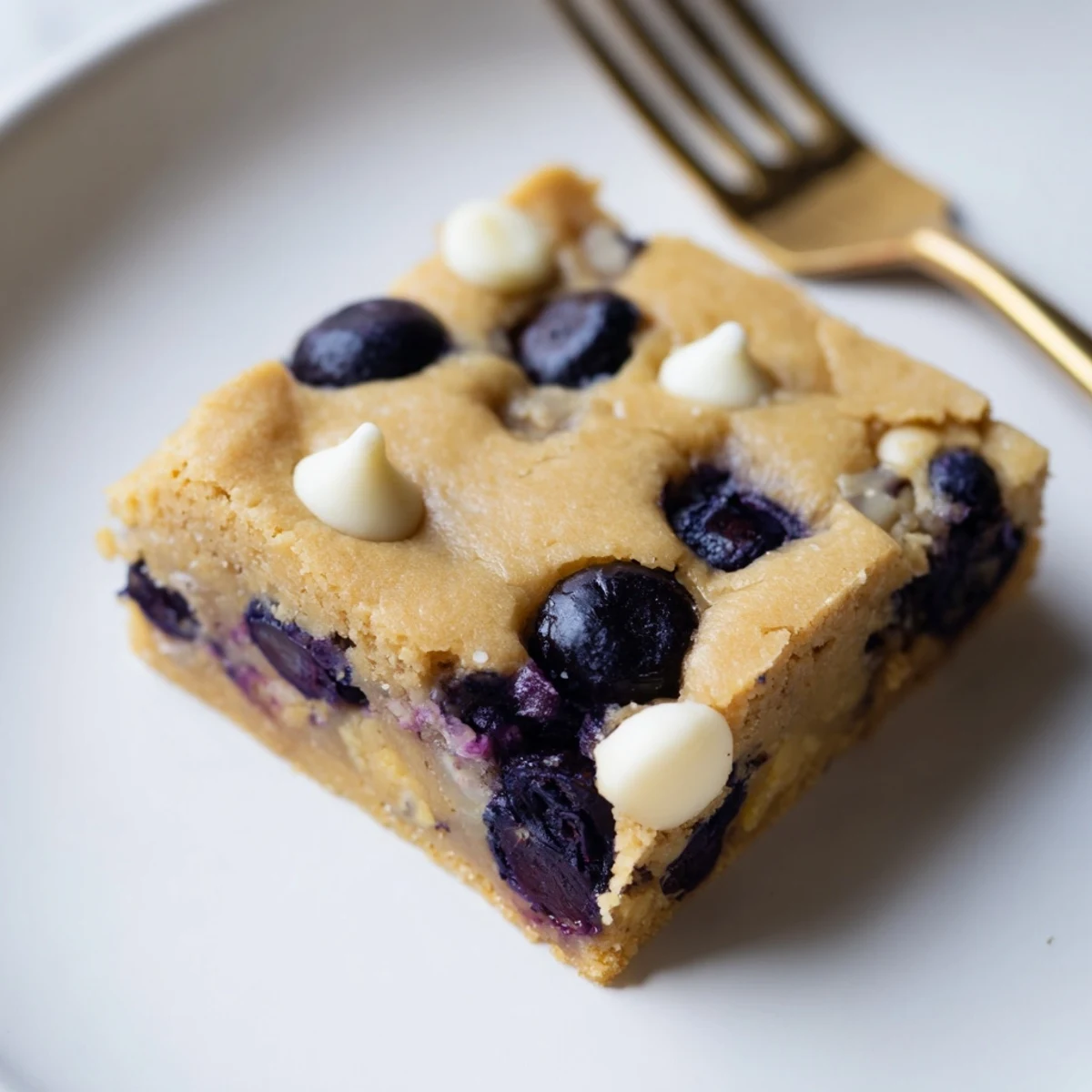 Fresh baked blueberry blondies cut into squares with blueberry speckles visible