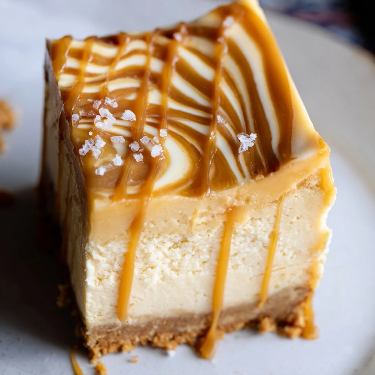 Golden caramel swirl cheesecake slice on white plate with graham cracker crust visible