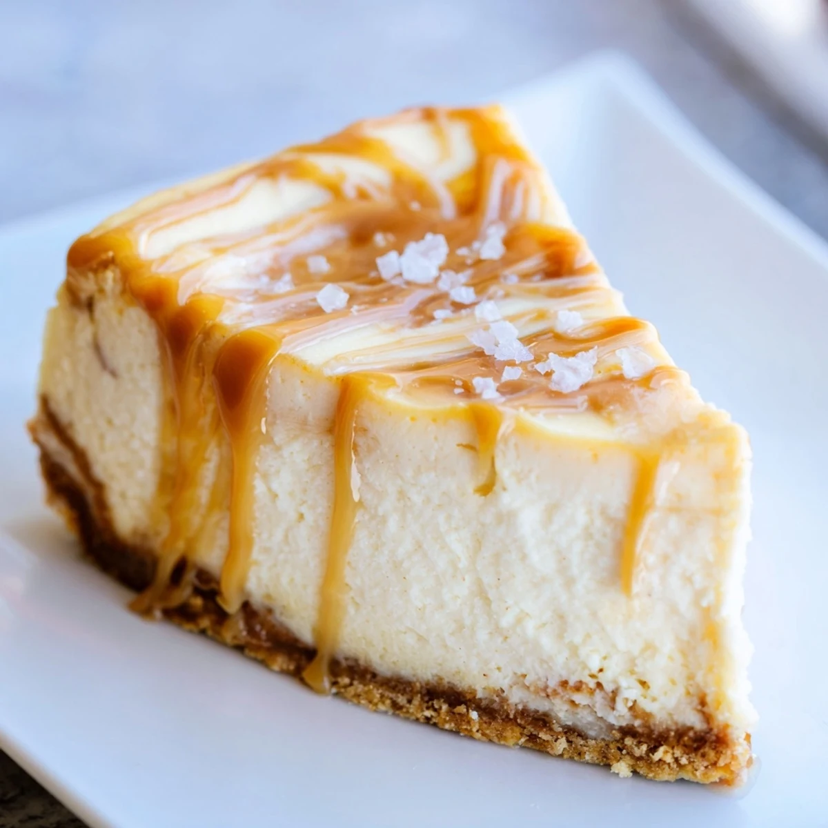 Homemade caramel swirl cheesecake with buttery graham cracker base plated for serving
