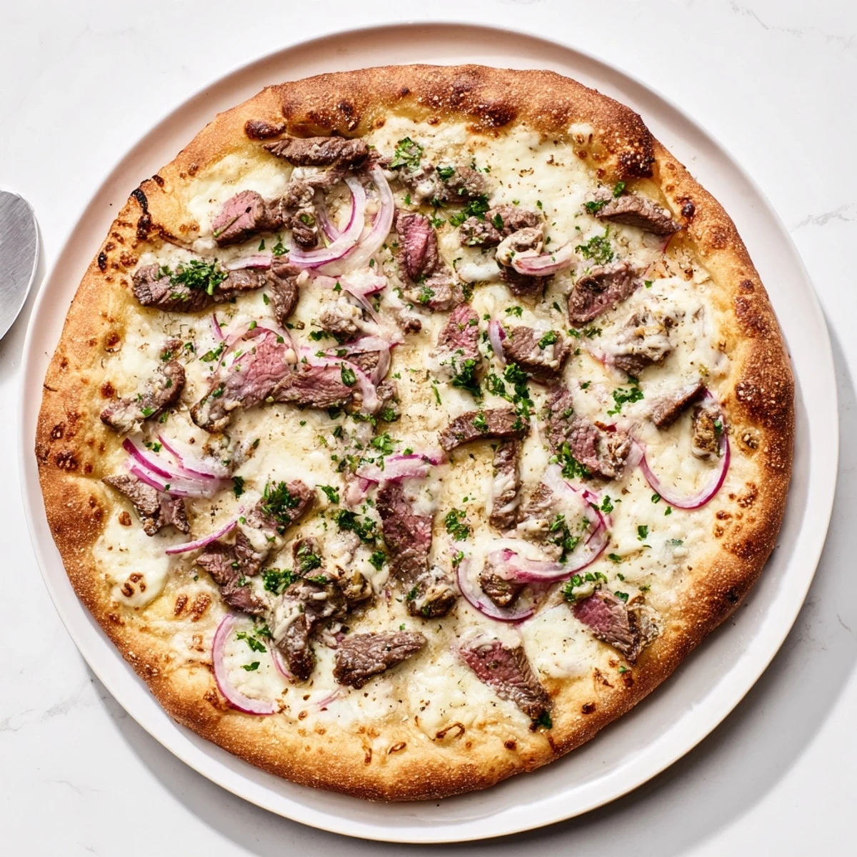 Golden Beef Alfredo Pizza with bubbling melted cheese and tender sliced beef