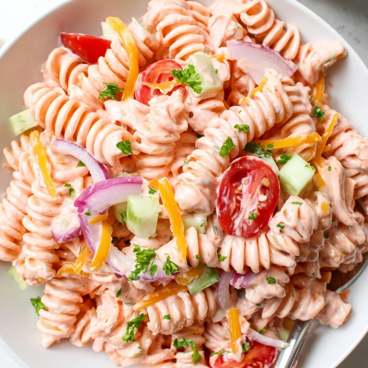 Creamy Pink Cadillac Pasta Salad tossed with crisp vegetables and topped with fresh parsley and cheddar cheese