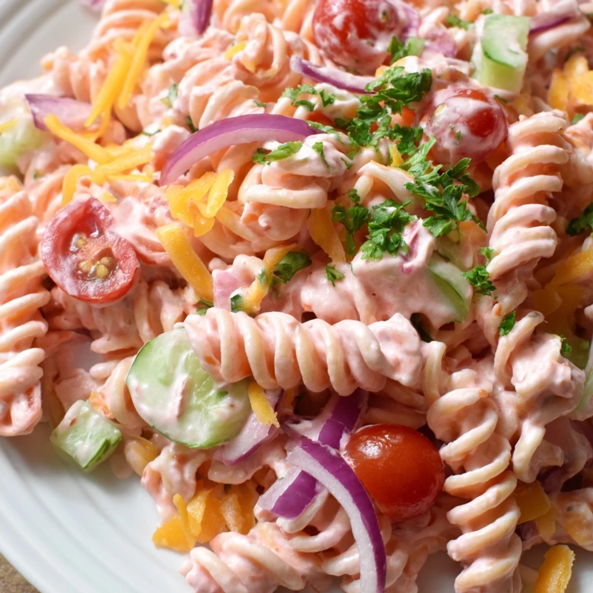 Colorful Pink Cadillac Pasta Salad featuring cherry tomatoes, red peppers, and tangy pink dressing in a serving bowl