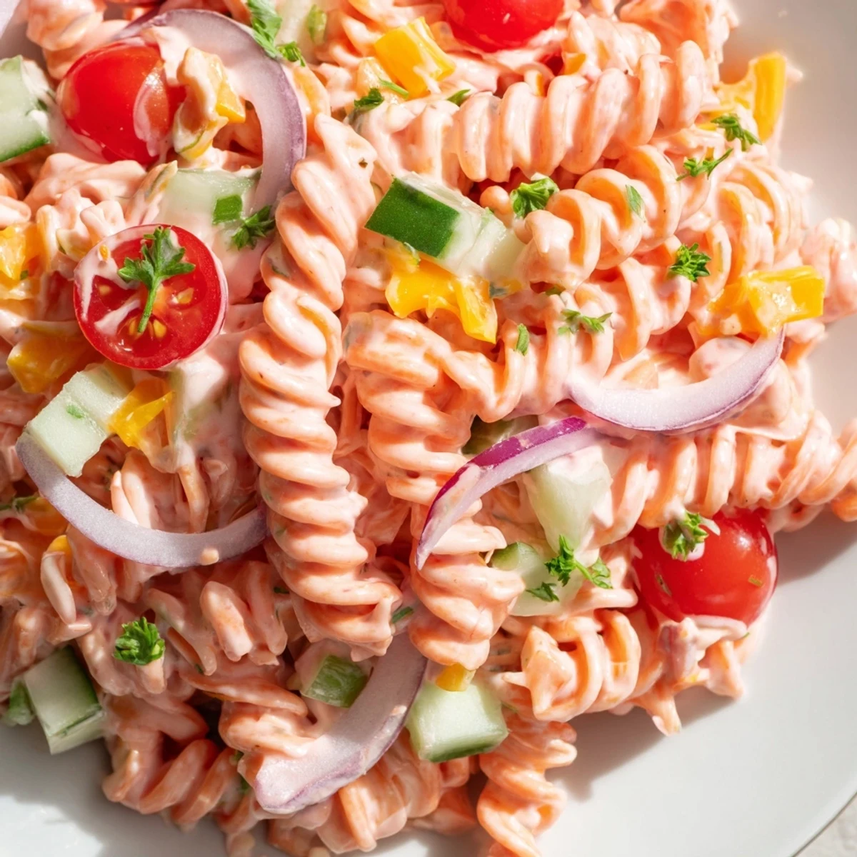 Vibrant Pink Cadillac Pasta Salad served cold, showcasing rotini pasta coated in pink mayonnaise-ketchup dressing
