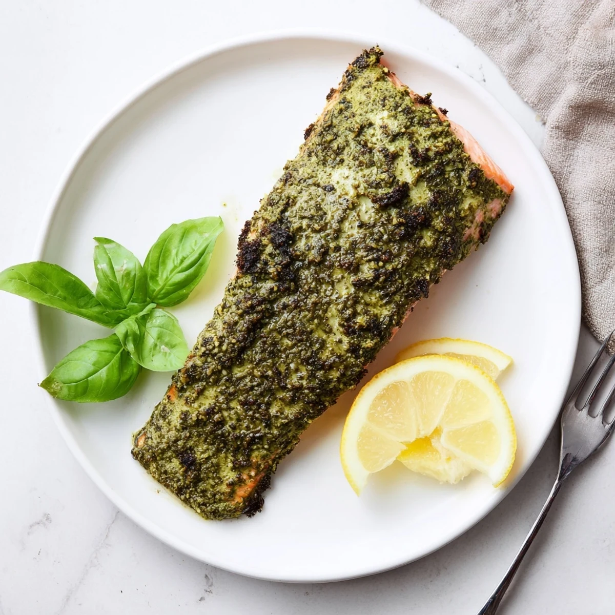 Golden oven-baked pesto butter salmon fillet with melted herby butter topping