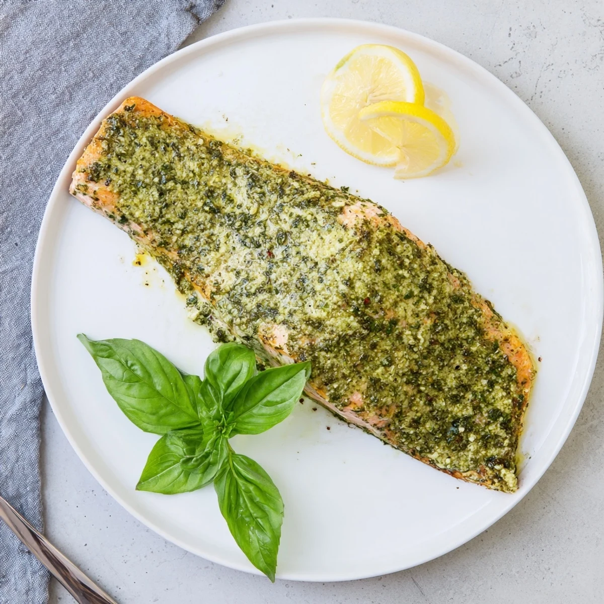 Succulent baked salmon with creamy pesto butter crust served with fresh basil leaves