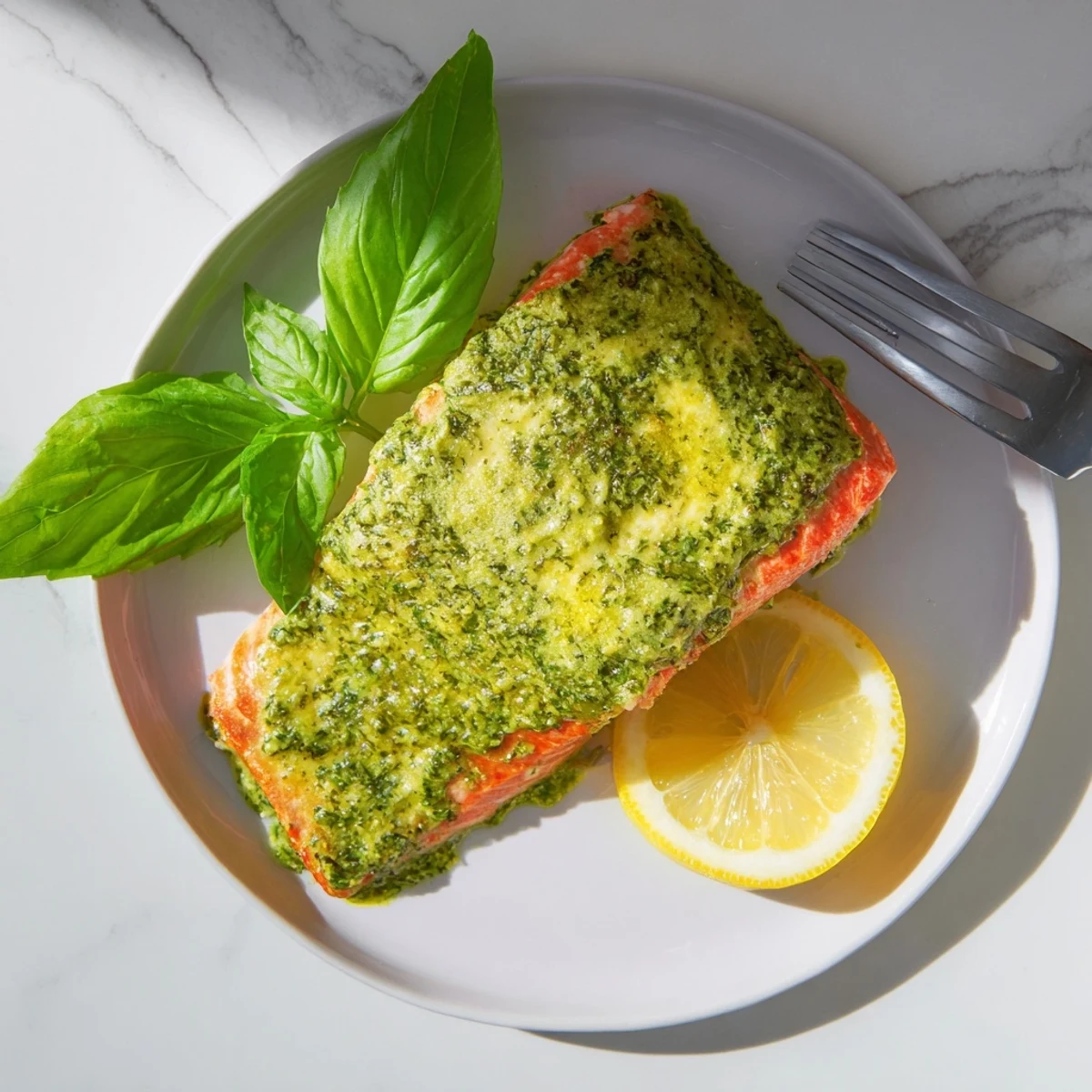 Flaky pink salmon glazed with rich basil pesto butter sauce, garnished with lemon