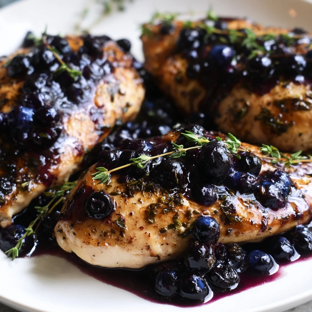 Golden pan-seared chicken breasts drizzled with glossy purple blueberry thyme sauce