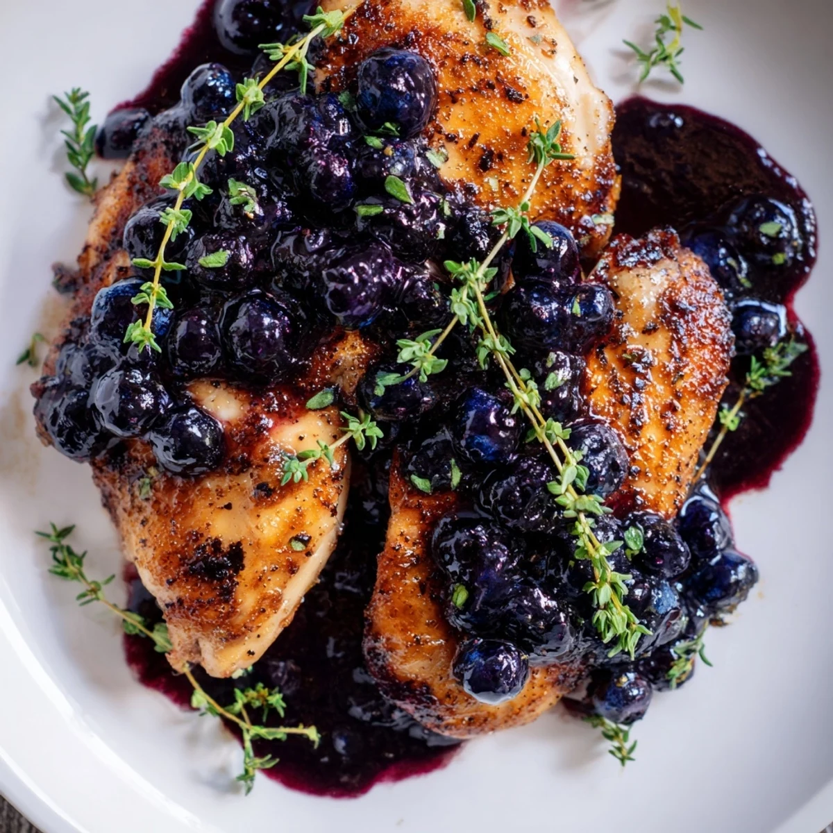 Elegant chicken dish finished with savory-sweet blueberry sauce and delicate thyme leaves