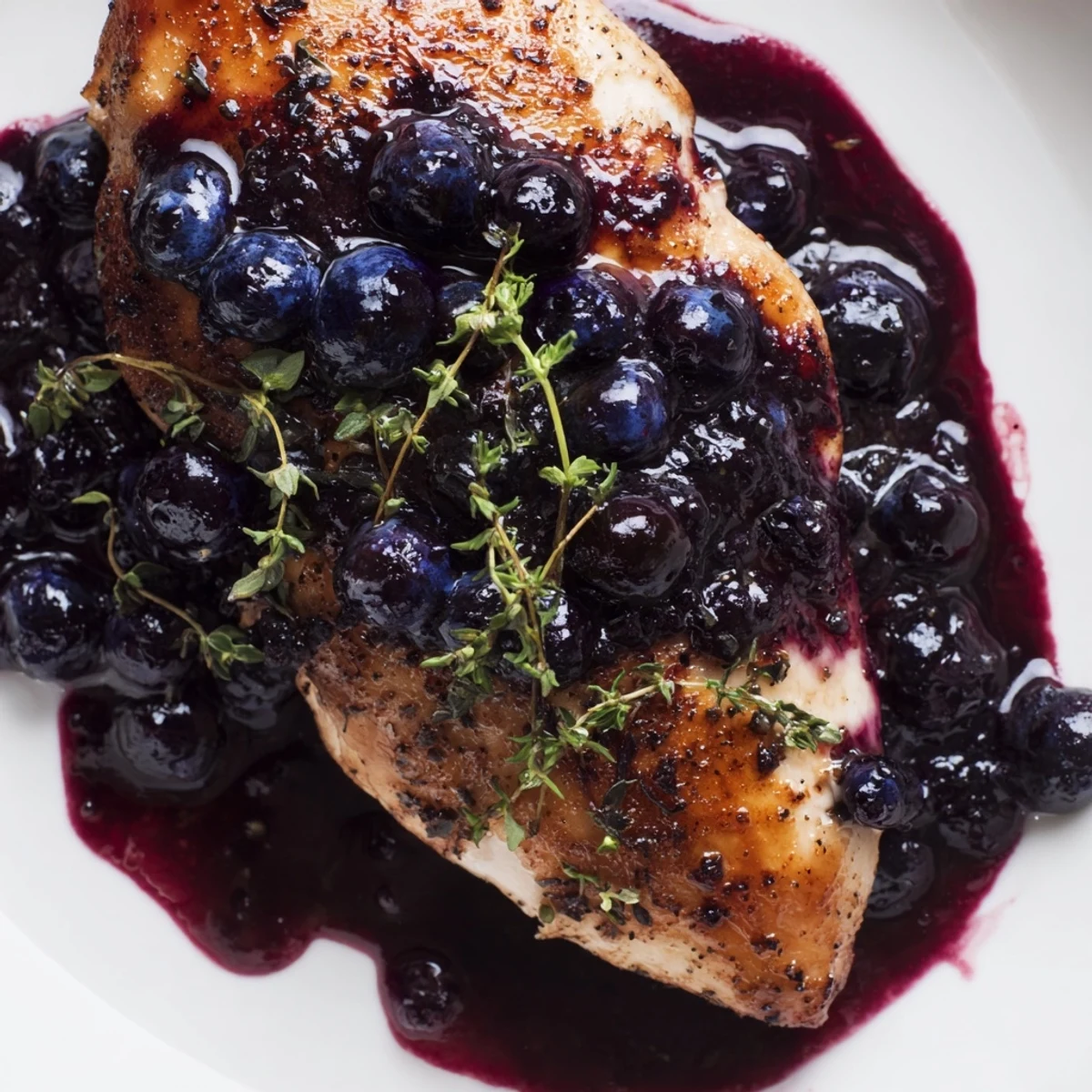 Succulent blueberry thyme chicken plated with fresh herb sprigs and dark berry reduction