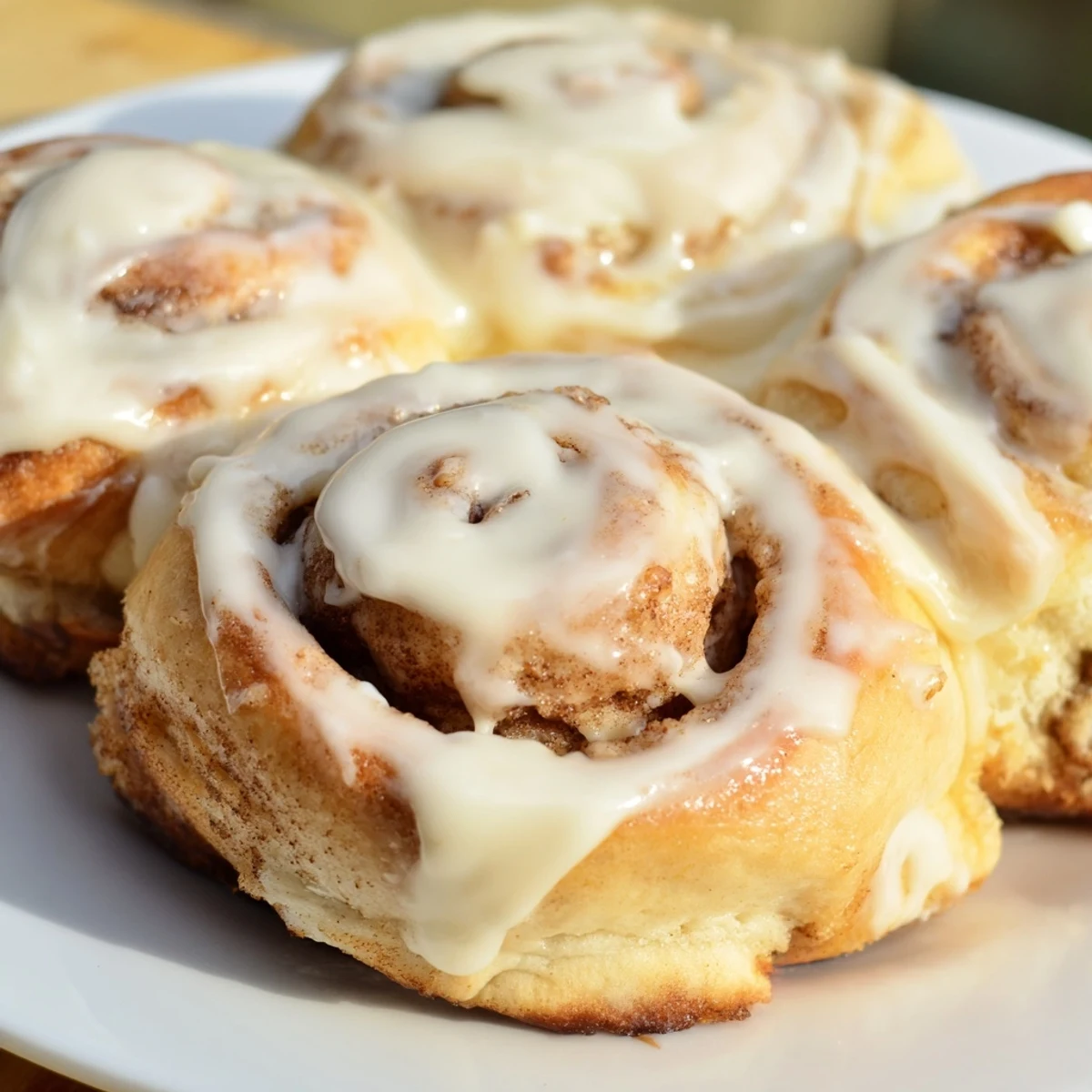 Golden banana bread cinnamon rolls drizzled with creamy vanilla icing on a white plate