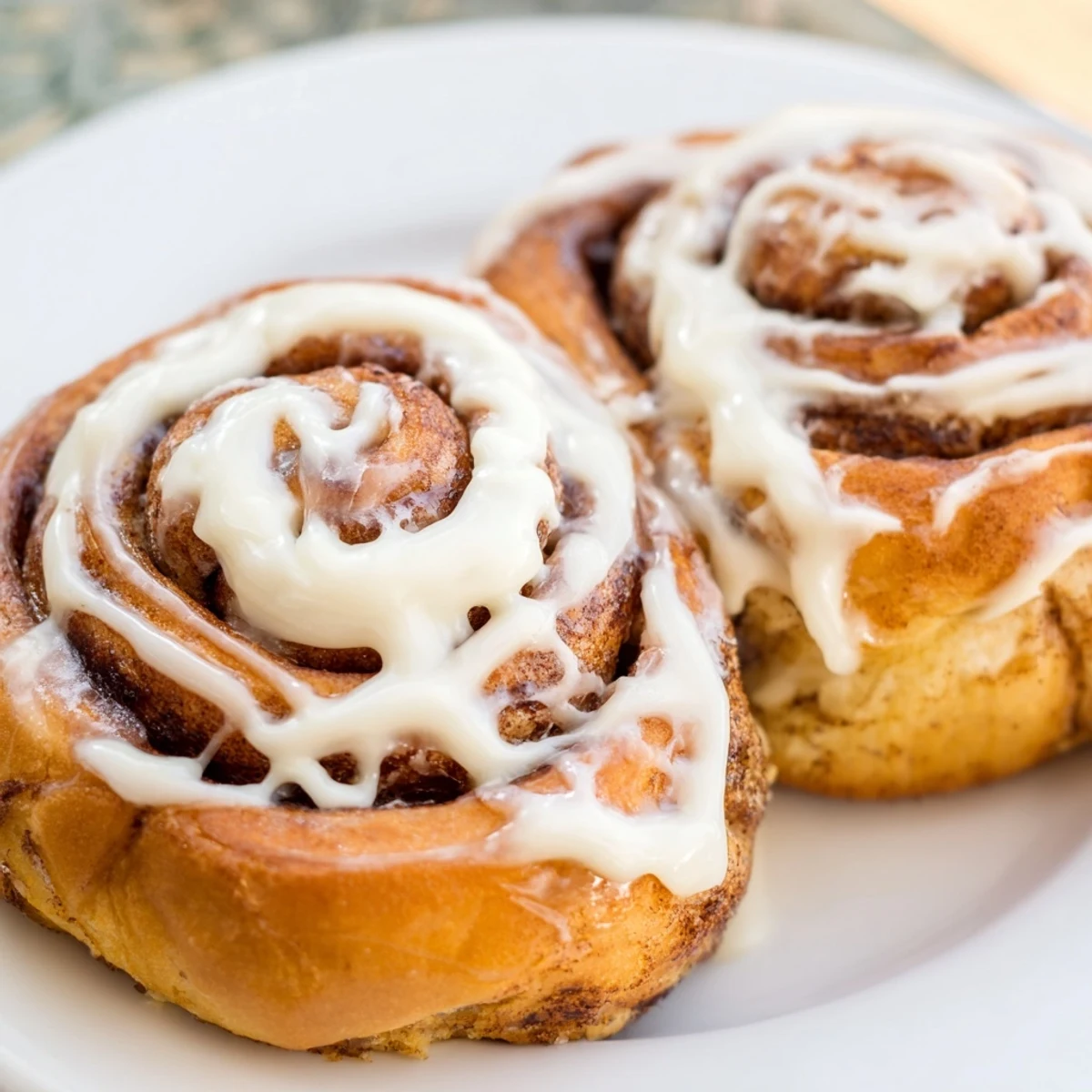 Warm breakfast tray of soft banana bread rolls topped with sweet cream cheese glaze