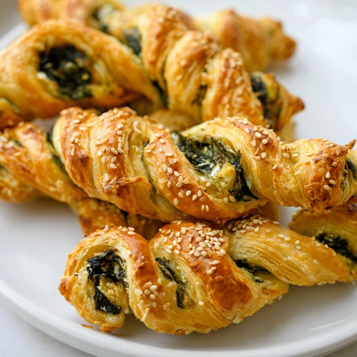 Golden spinach and feta puff pastry twists arranged on a white serving platter