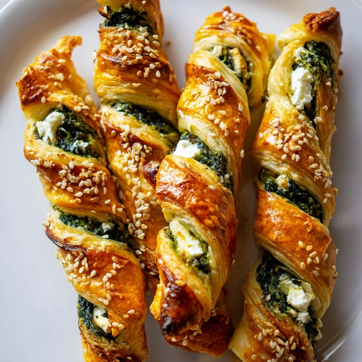 Mediterranean appetizer of twisted puff pastry stuffed with creamy feta and fresh spinach