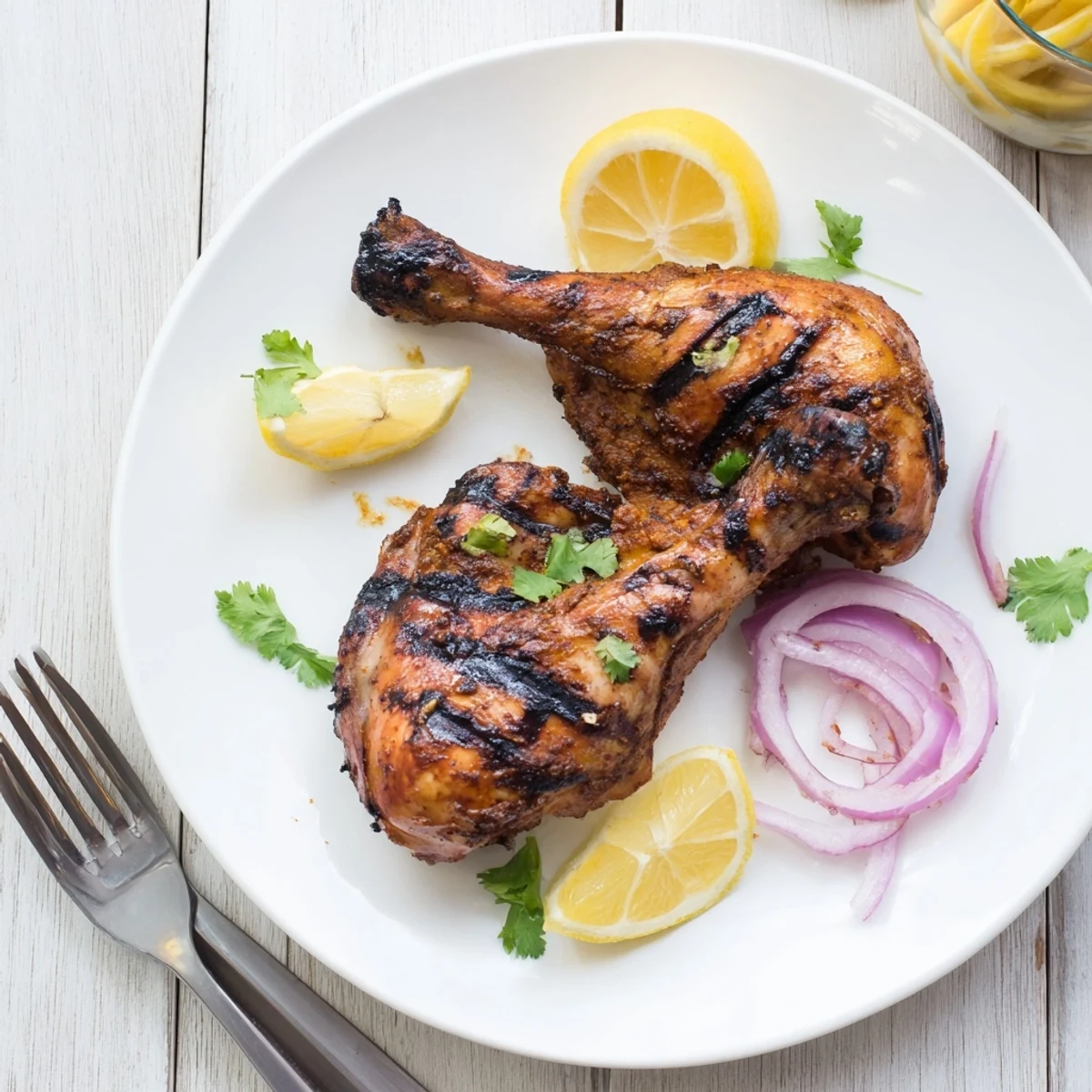 Grilled Spicy Tandoori Chicken glistening with charred edges, served with lemon wedges