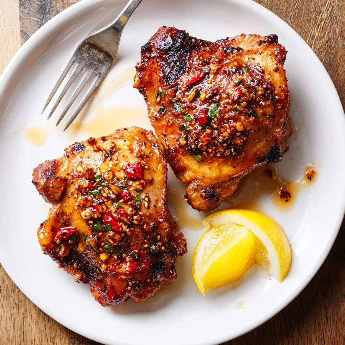 Peri Peri Chicken with charred skin, glossy red sauce, lemon wedges