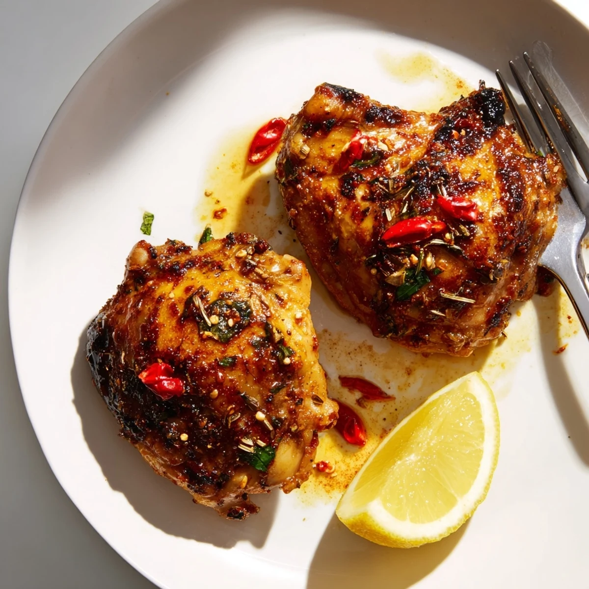 Grilled Peri Peri Chicken thighs glistening, smoky aroma, served with cilantro