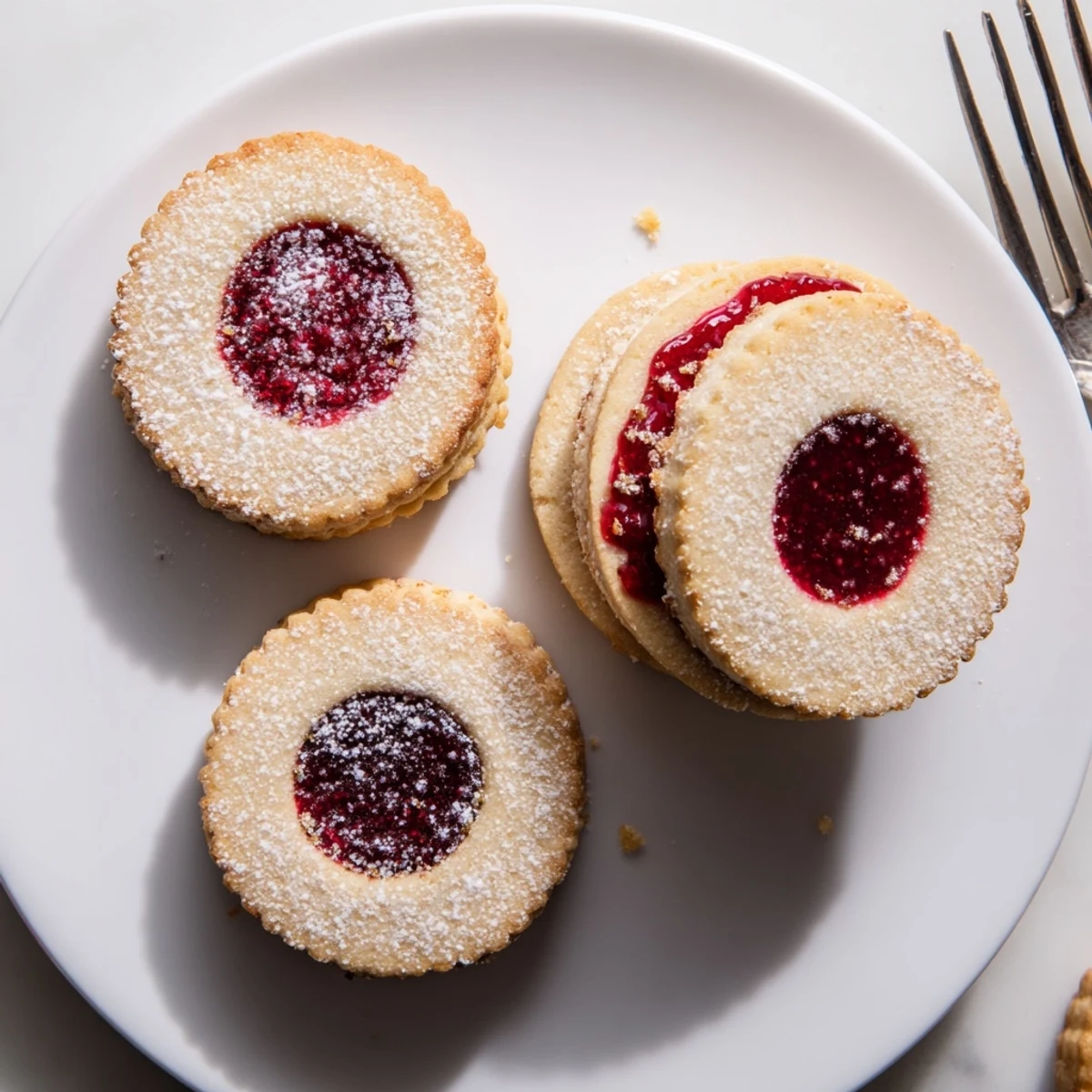 Raspberry Lemon Shortbread Cookies on a wire rack, powdered sugar dusting.