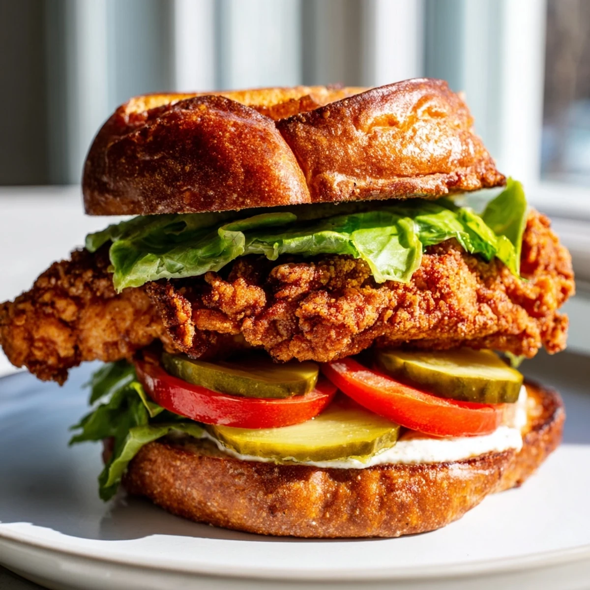 Cajun Crispy Chicken Sandwich with Garlic Aioli on toasted brioche, juicy tomato