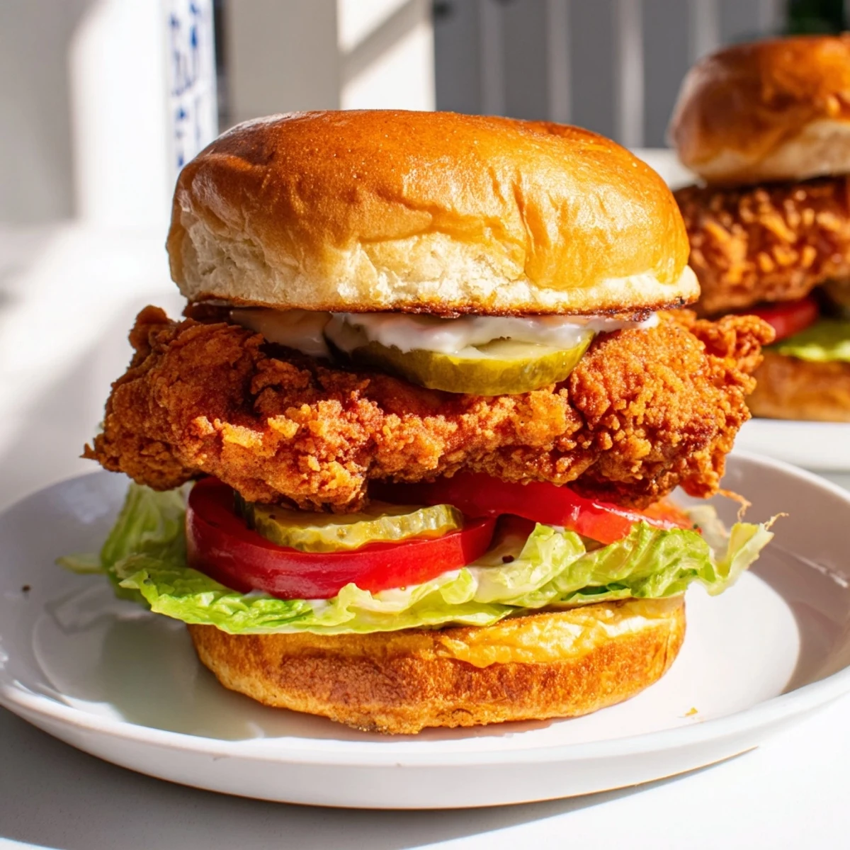 Golden-brown fried breast on toasted bun: Cajun Crispy Chicken Sandwich with Garlic Aioli