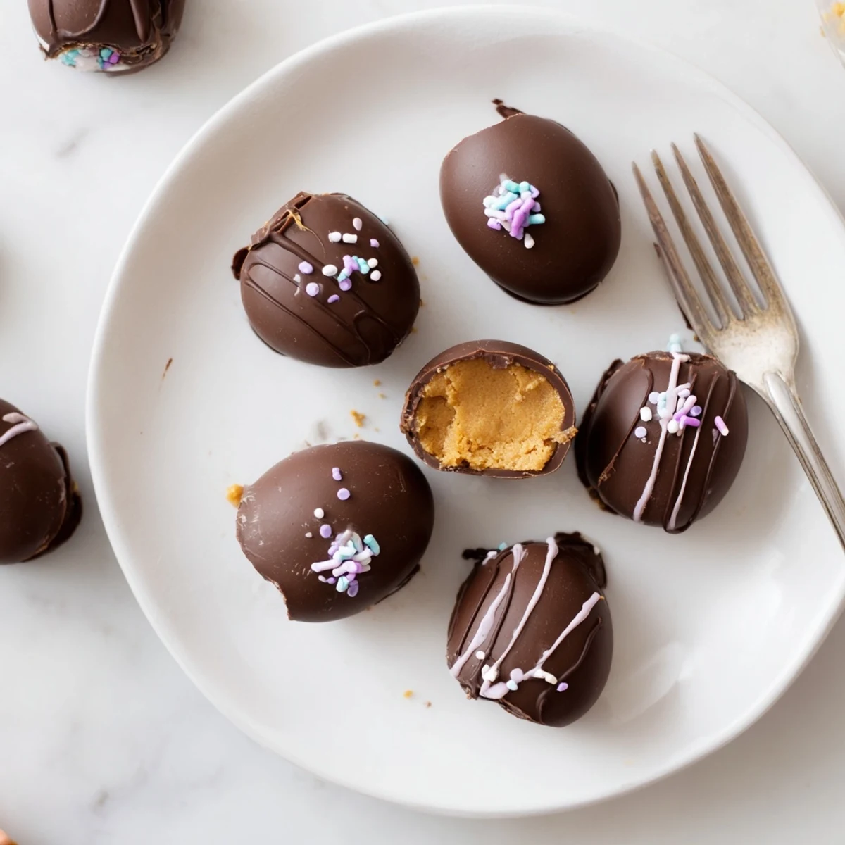 Plate of Homemade Peanut Butter Eggs garnished with sprinkles, perfect for Easter