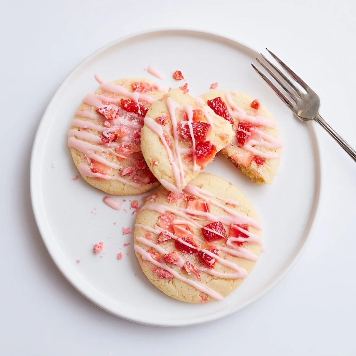 Plate of Strawberry Lemonade Cookies recipe, soft centers and sparkling lemonade glaze