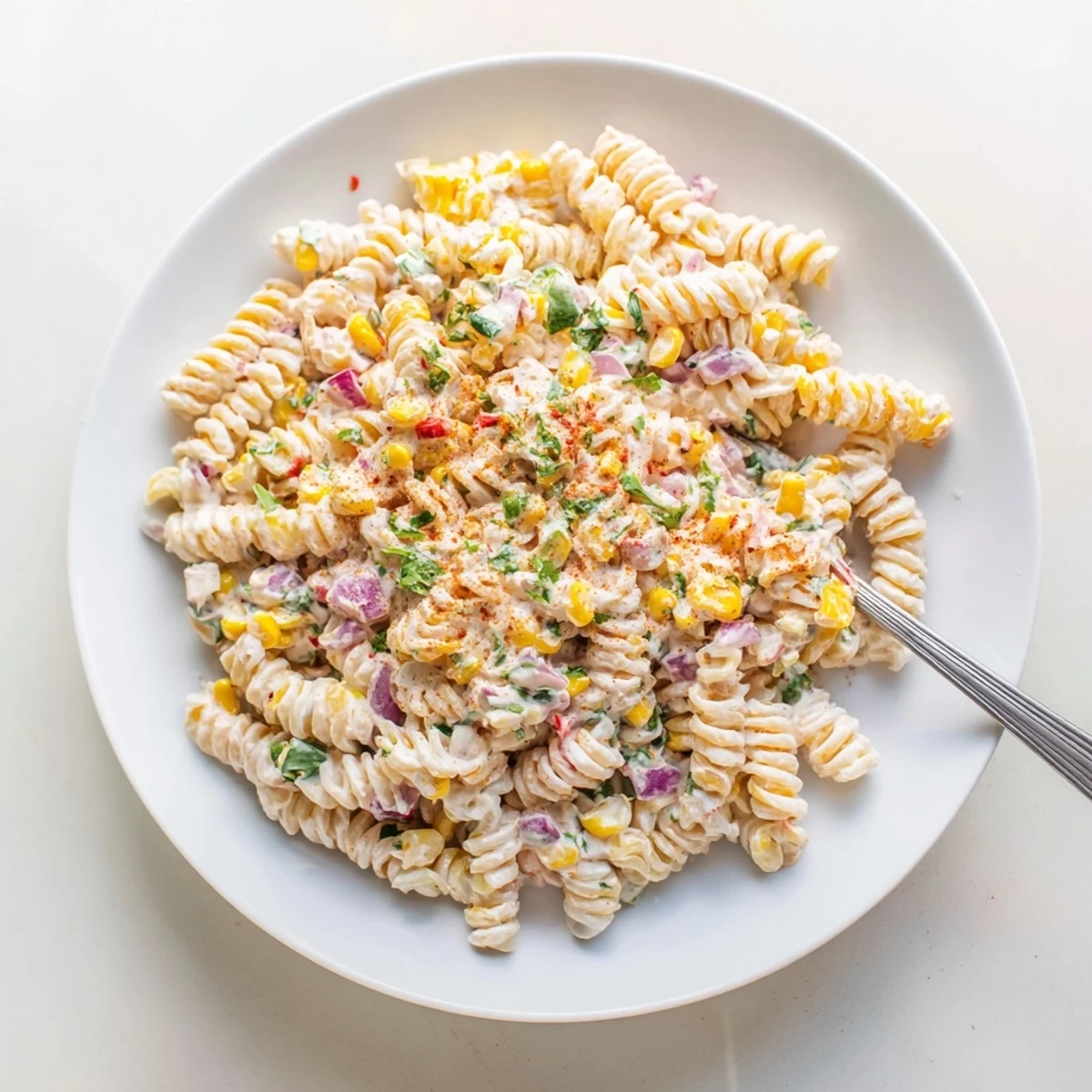 Creamy Street Corn Pasta Salad with charred corn, tangy lime, cotija garnish.