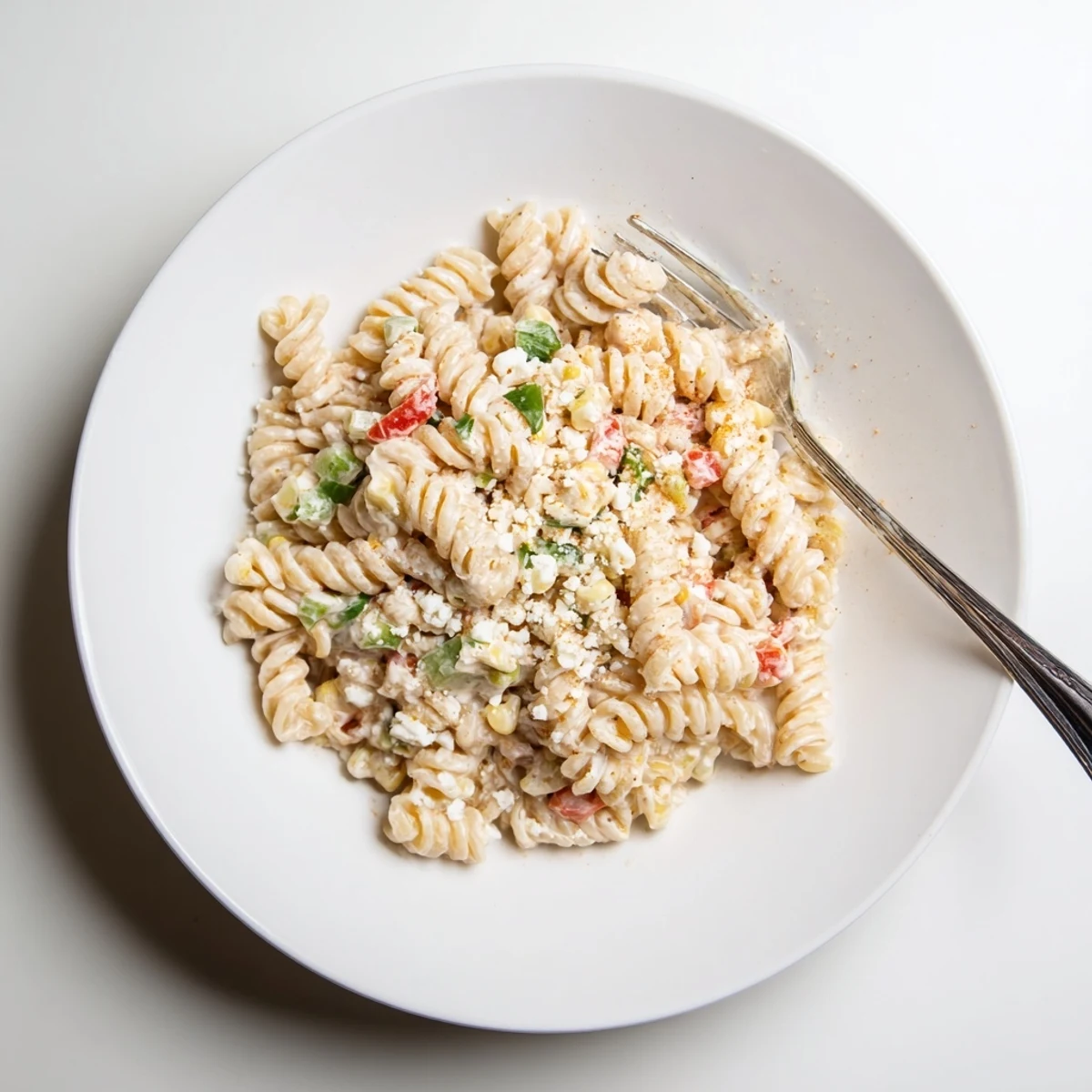 Chilled Creamy Street Corn Pasta Salad studded with red pepper and cilantro.