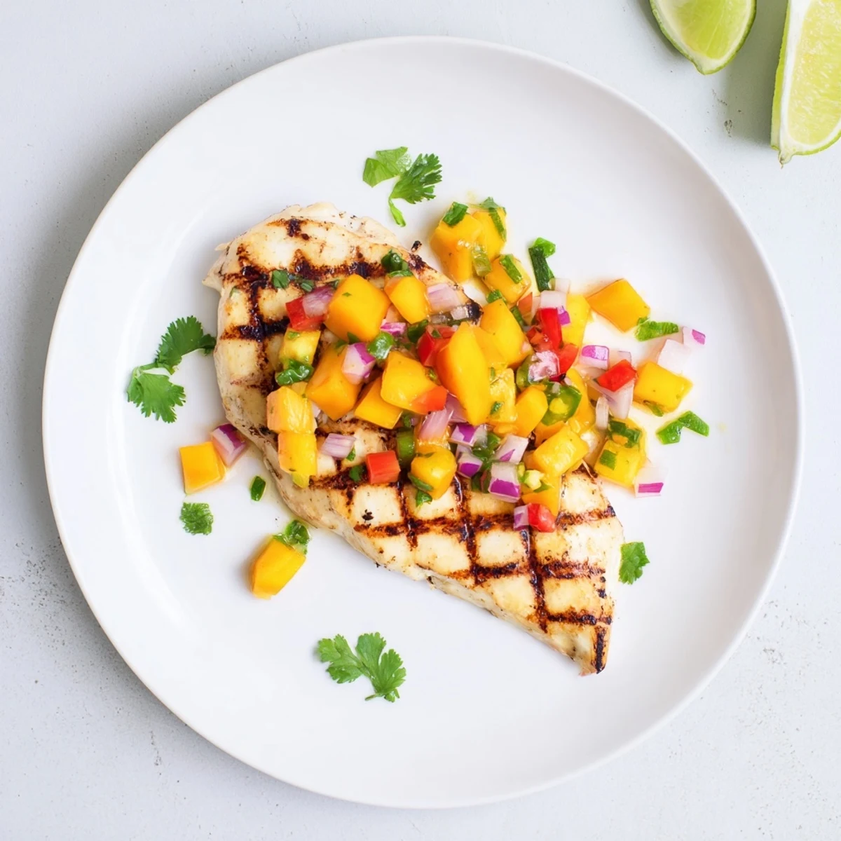 Honey Lime Chicken With Mango Salsa glistening on plate, juicy mango topping.
