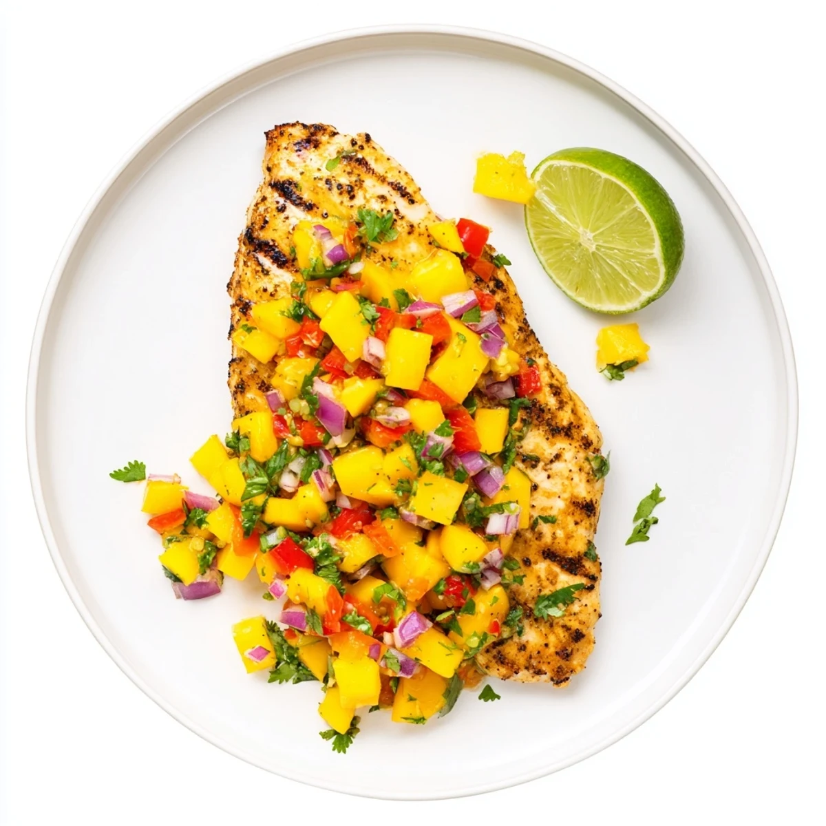 Grilled Honey Lime Chicken With Mango Salsa topped with cilantro and lime wedges.