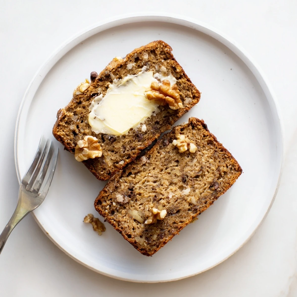 Banana Bread Delight warm loaf with golden crust, sliced and buttered.