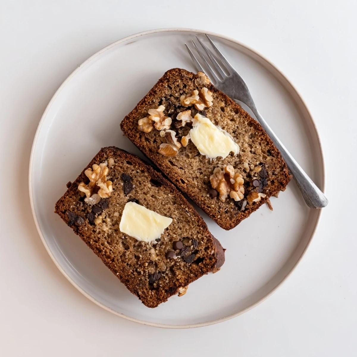 Homestyle Banana Bread Delight studded with walnuts and chocolate chips, moist.