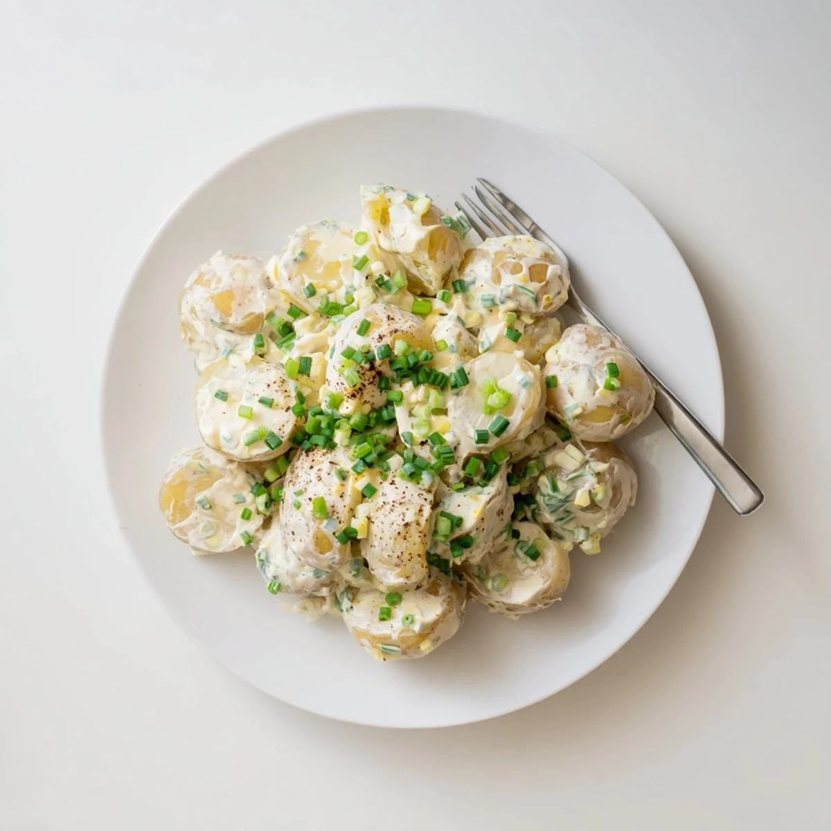 Sour Cream And Onion Potato Salad chilled for picnics, brightened by sliced green onions