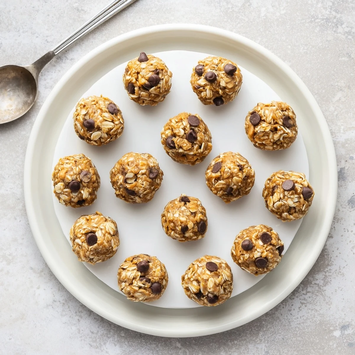 Peanut Butter Energy Balls on parchment, studded with chocolate chips, ready